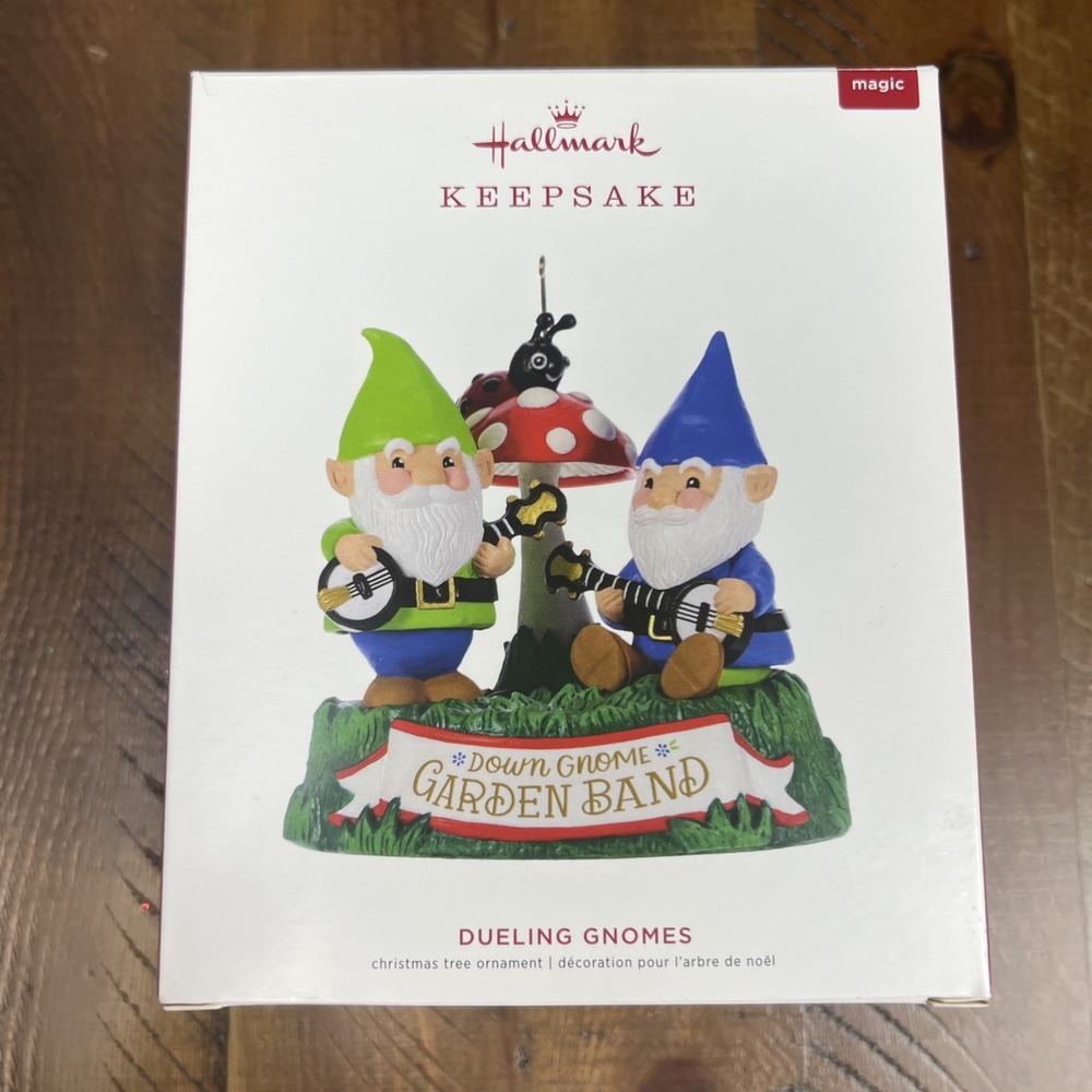 2019 Hallmark Keepsake Dueling Gnomes Ornament Garden Band Magic Motion Sound
